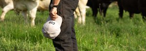 CIB farmer holding his hat by his hip, standing in the field with his beef cattle.