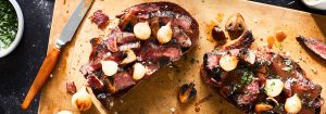 An Open-Faced Steak Sandwich, with pearl onions and roasted mushrooms.