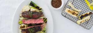 Coffee Crusted Prime Rib Steaks with Grilled Fennel and Leeks